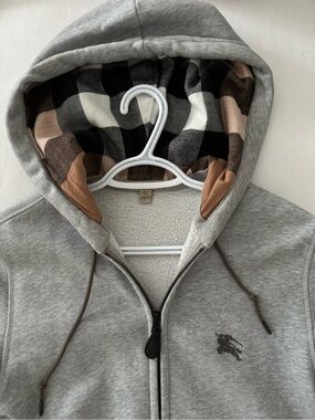Burberry Gray Zip-Up Hoodie with Plaid Hood Lining